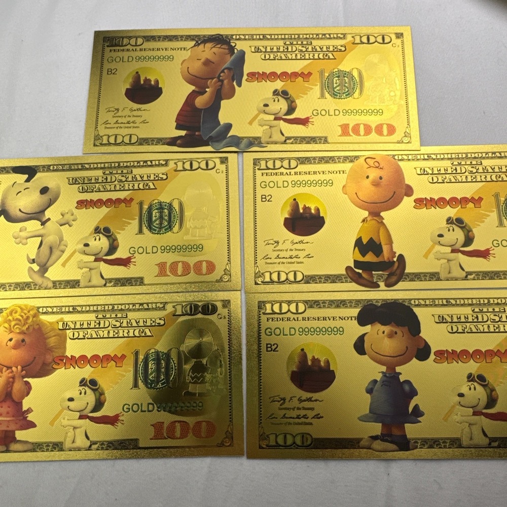 5pc Charlie Brown & Snoopy - Peanuts Linus, Lucy, Sally‎ Gold Foil $100 Bills